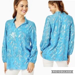 Lilly Pulitzer Galiana Ocean Breeze Multi Flora Metallic Clip Silk Blouse Size S
